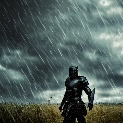 Image similar to dark armor knight in a thunderstorm, epic scene, cinematic, ultra photorealistic, 8k,