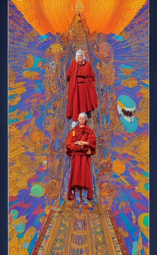 Image similar to a wickedly hilarious jean giraud work of art of timothy leary in the style of a renaissance masters portrait, mystical and new age symbolism and tibetan book of the dead imagery