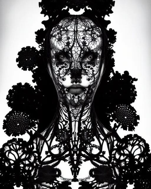 Prompt: surreal dark poetic black and white photo portrait of complex bio-mechanical beautiful young female vegetal-cyborg with a Mandelbrot fractal steampunk metal fine lace face, a very long neck and a fine metal floral foliage super big lace collar by Alexander McQueen:: smoke, high fashion, haute couture, rococo, steampunk, silver filigree details, anatomical, facial muscles, cable wires, microchip, elegant, dreamy, foggy atmosphere, hyper realistic, 150 mm lens, soft rim light, octane render, unreal engine, picture was taken in 1910 by Man Ray, volumetric lighting, dramatic light,8k,