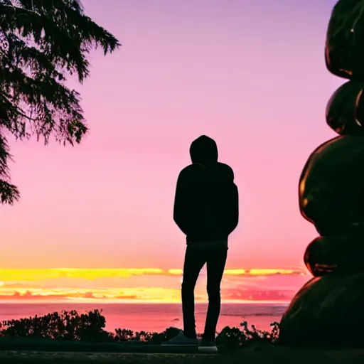 Prompt: Man wearing black jeans and a black hoodie, back turned to the camera, looking out at a neon vaporwave sunset