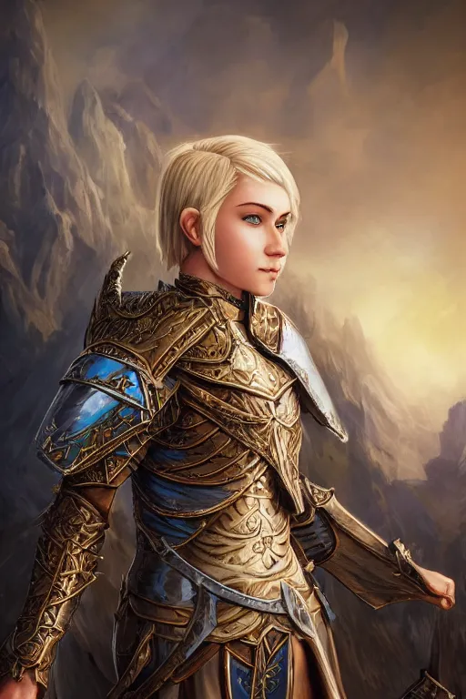 Image similar to highly detailed full body shot of a proud young elven knight in the style of Warhammer Fantasy by Artgerm and Arian Mark, short blonde hair, blue eyes, sapphire earrings, no helmet, low angle shot, highly detailed, trending on artstation, cgsociety, 4k, 8k, HDR, octane render, unreal engine