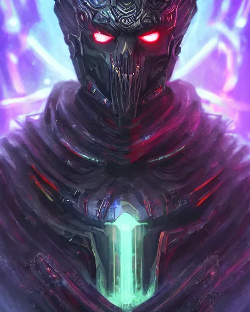 Image similar to a deathly portrait of ankou the evil lord staring with anger and wearing futuristic armor with sci fi panel cuts, death and corruption, smooth, intricate, sinister, evil energy, souls of the dead, neon glowing spells, matte painting, artstation, cinematic color scheme, dark fantasy sci fi, sharp focus, cgsociety