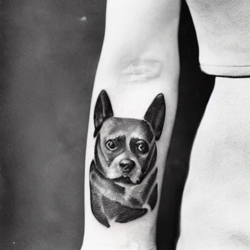 Image similar to a mid 1 9 0 0 s photograph of the back of a hand with a tattoo of a dog on it