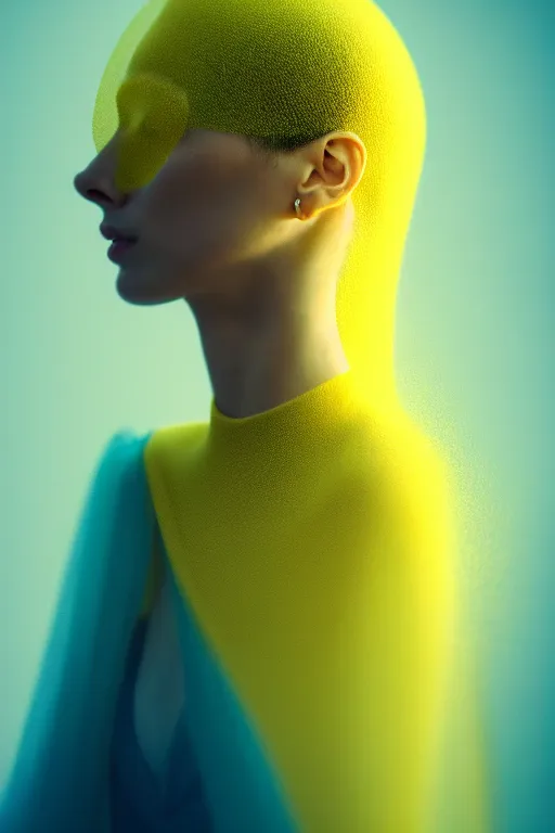 Prompt: a model wearing haute couture from valentino, macro photography, long exposure photograph, surrealism, anamorphic bokeh, cozy, soft light, yellow and blue, caustic, atmospheric fog, octane render, cinematic