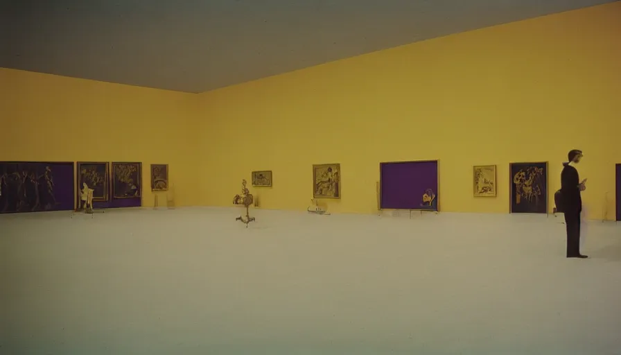 Image similar to 60s movie still of a sovietic stalinist style empty art museum with a soviet congress with yellow wall, by LOMOCHROME PURPLE FILM 100-400 35MM, liminal Space style, heavy grain