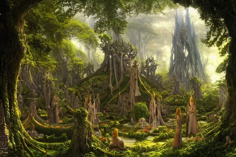 Image similar to a beautiful and highly detailed matte painting of a elven temple in lothlorien, psychedelic, celtic, intricate details, epic scale, insanely complex, 8 k, sharp focus, photorealism, artstation, cgsociety, by caspar friedrich, albert bierstadt, james gurney, brian froud,