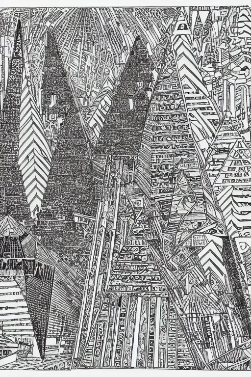 Prompt: a black and white drawing of a egyptian pyramid cityscape, a detailed mixed media collage by hiroki tsukuda and eduardo paolozzi and moebius, intricate linework, sketchbook psychedelic doodle comic drawing, geometric, street art, polycount, deconstructivism, matte drawing, academic art, constructivism