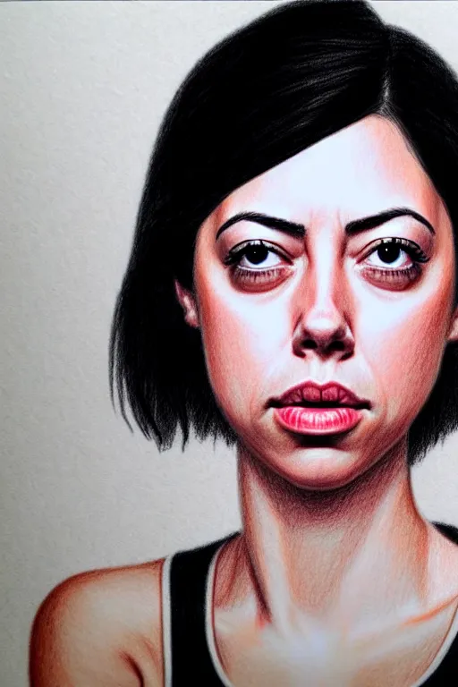 Prompt: hyperrealistic pencil drawing portrait of an actress that looks like aubrey plaza and rosa salazar