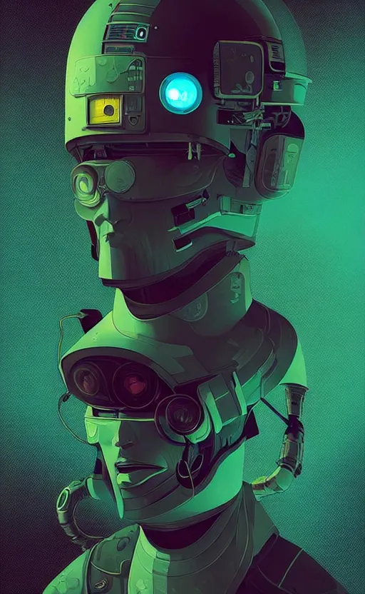 Prompt: portrait of a cyberpunk soldier wearing a futuristic helmet by Petros Afshar and Beeple, James Gilleard, Mark Ryden, Wolfgang Lettl highly detailed