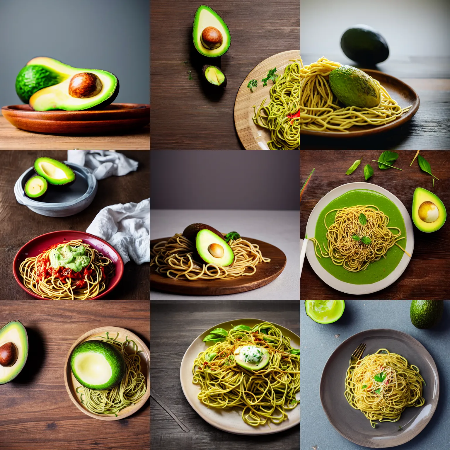 Prompt: a professional food photography of an avocado juice mixed with sauce and spaghetti on a plate, on wooden table, lightning from side, low depth field