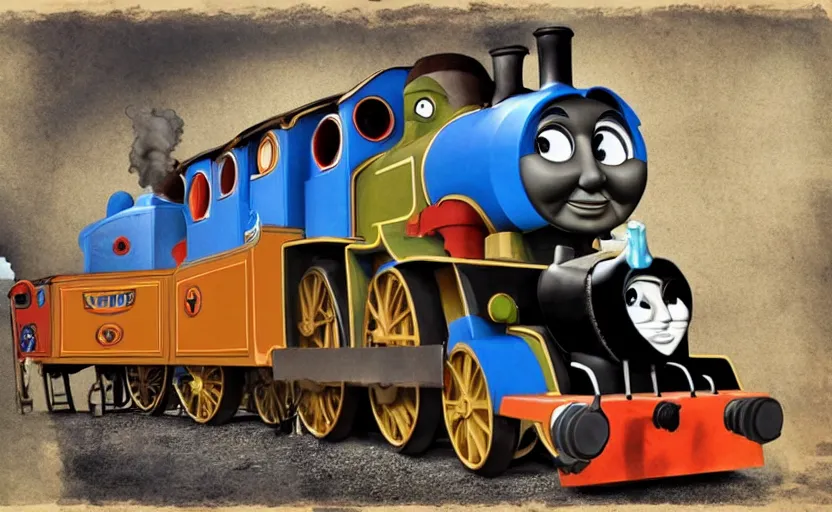 Image similar to A steampunk re-imagination of Thomas the tank engine train, modern digital art