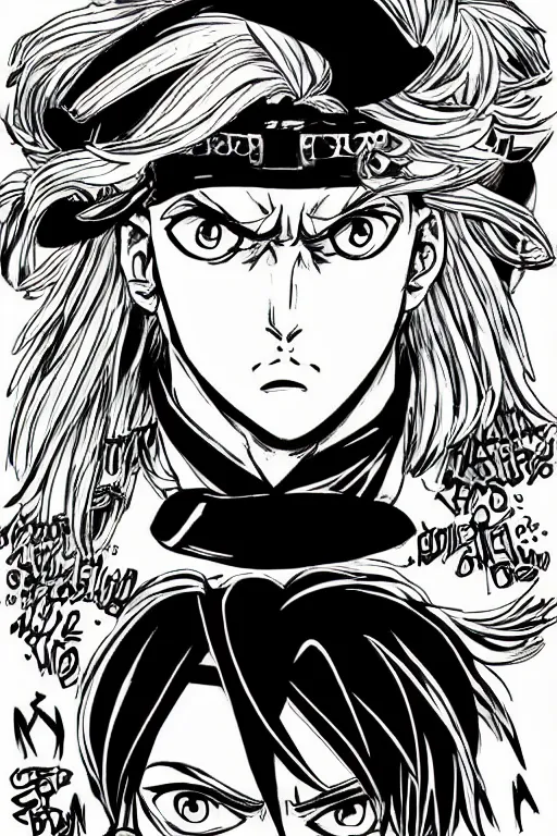 Image similar to jojo's bizzare adventure manga character portrait, boy with blue eyes and long blonde hair, symmetrical face happy, mustache, stubble, steel ball run, handsome face, jojo's bizzare adventure, illustrated by hirohiko araki, illustration