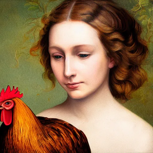 Image similar to A realistic image of a very sad woman holding a rooster in her hands, ultra high detail, 8k.