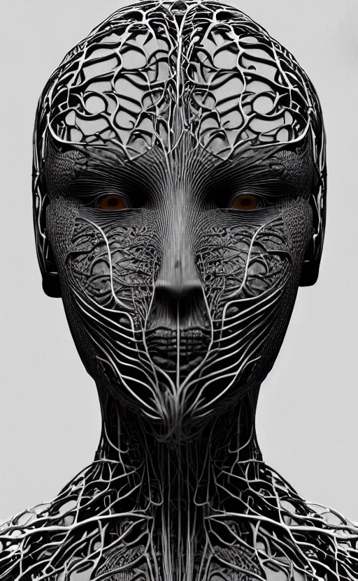 Image similar to black and white complex 3d render of a beautiful profile woman face, vegetal dragon cyborg, 150 mm, magnolia stems, roots, fine lace, maze like, mandelbot fractal, anatomical, facial muscles, cable wires, microchip, elegant, highly detailed, black metalic carbon armour, rim light, octane render, H.R. Giger style