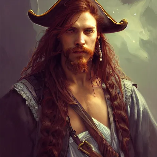 Image similar to portrait of a young rugged pirate, male, masculine, upper body, red hair, long hair, soft hair, D&D, fantasy, intricate, elegant, highly detailed, digital painting, artstation, concept art, matte, sharp focus, illustration, art by Artgerm and Greg Rutkowski and Alphonse Mucha