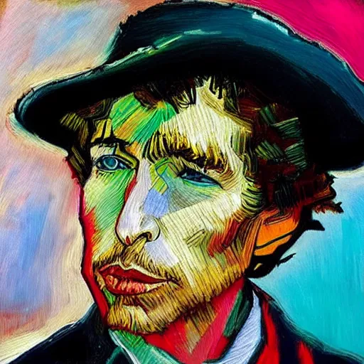 Image similar to an artistic portrait of bob dylan, high quality, studio photography, colourful, hero, heroic, beautiful, in the style of vincent van gogh