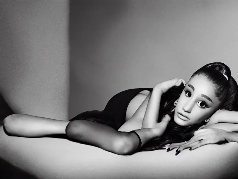 Image similar to award winning photo of Ariana Grande on a chesterfield lounge, symmetrical face, beautiful eyes, studio lighting, wide shot art by Sally Mann & Arnold Newman