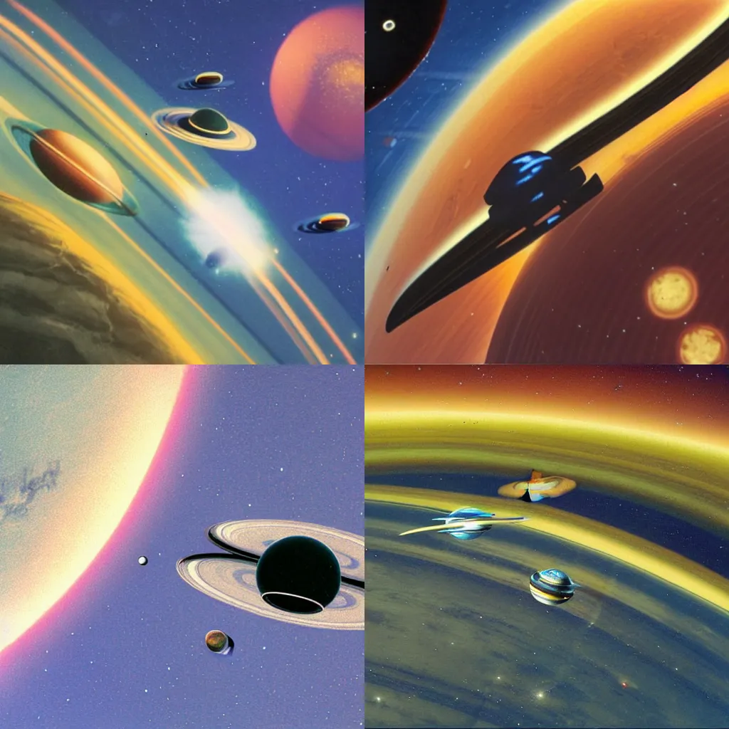 Prompt: two starship liners cruise above saturns rings, by Chris Foss, Ultra Realistic