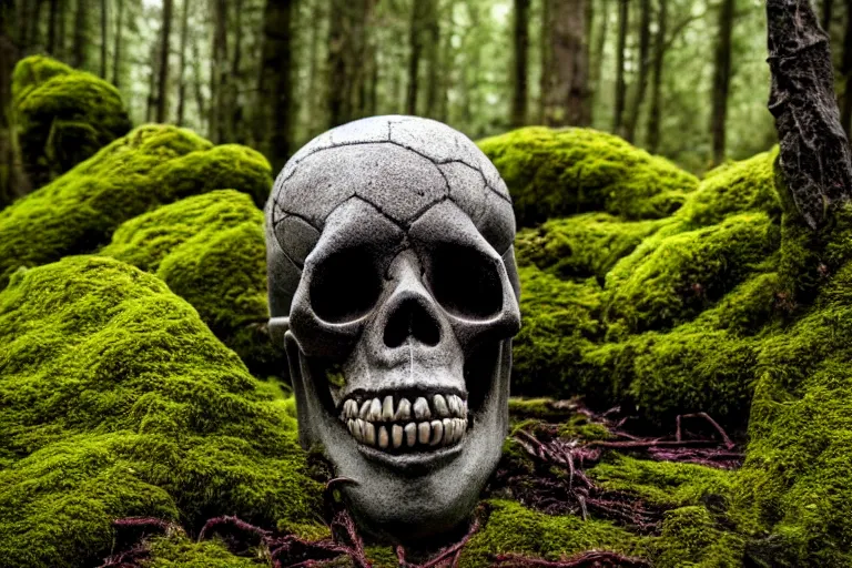 Image similar to high quality scary alienated monster skull statue sitting in the middle of a dark and creepy forrest, partly covered with moss, highly detailed, cinematic smooth, stephen shore & john j. park, soft morning light, wide shot, high angle, uhd 8 k, deep focus