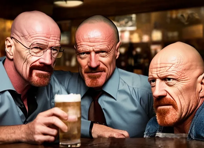 Prompt: walter white saul goodman and mike ehrmantraut at a bar, drinking, smiling, ultra realistic, cinematic