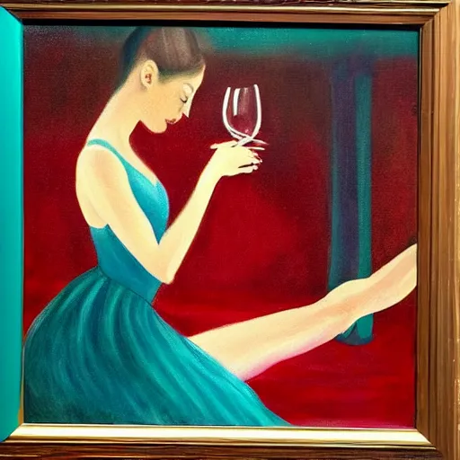 Image similar to painting of a ballerina drinking wine in a teal room, red background