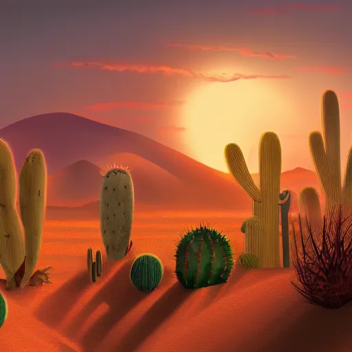 Image similar to matte painting of desert sunset with cacti, trending on artstation, 4 k, award winning