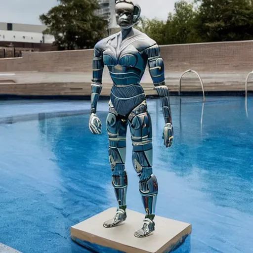 Image similar to a realistic detailed photo of a guy who is an attractive humanoid who is half robot and half humanoid, who is a male android, wrestler bo nickal, shiny skin, posing like a statue, blank stare, by the pool, on display, showing off his muscles, humanoid robot, frozen ice statue