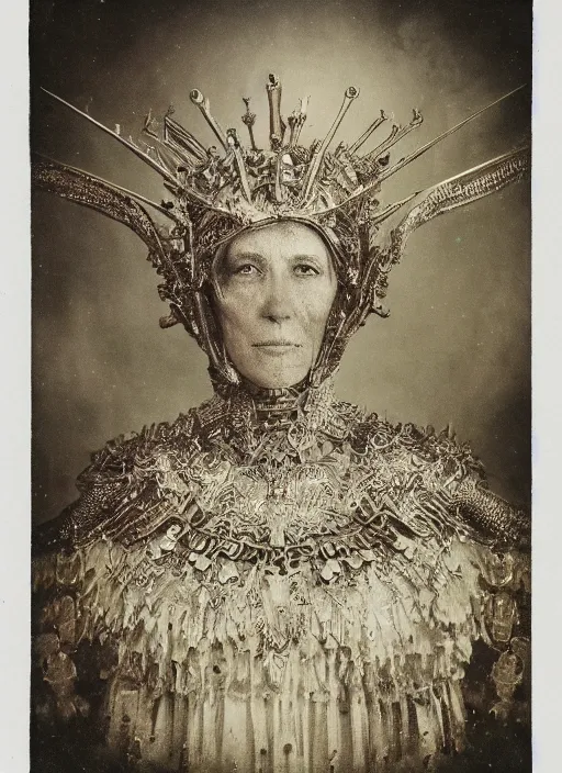 Image similar to old wetplate daguerreotype frame portrait of a futuristic silver armored queen elisabeth emperor district 9 cyborg, fractal, intricate, elegant, highly detailed, subsurface scattering, by jheronimus bosch and greg rutkowski and louis jacques mande daguerre