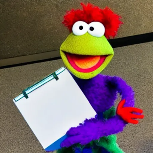 Image similar to skeeter the Muppet holding a clipboard