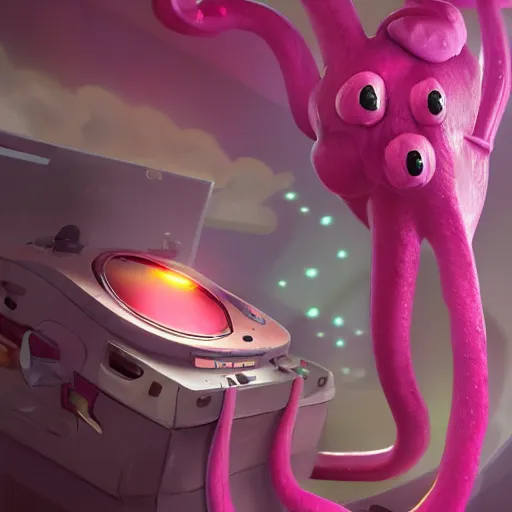 Image similar to a cute pink octopus playing videogames, digital art, trending on artstation, cgsociety, octane render, RPG portrait, dynamic lighting, hyperrealistic