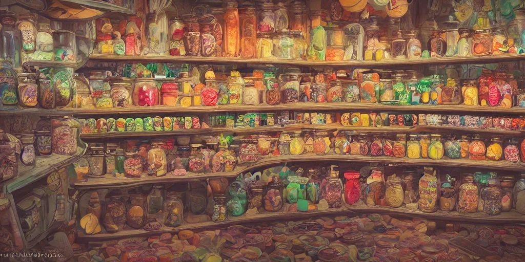 Image similar to Inside an old sweet shop, large jars on shelves, beautiful labels, fantasy vendor interior, wide angle, cinematic, highly detailed, photorealistic, rich bright colors, trending on artstation