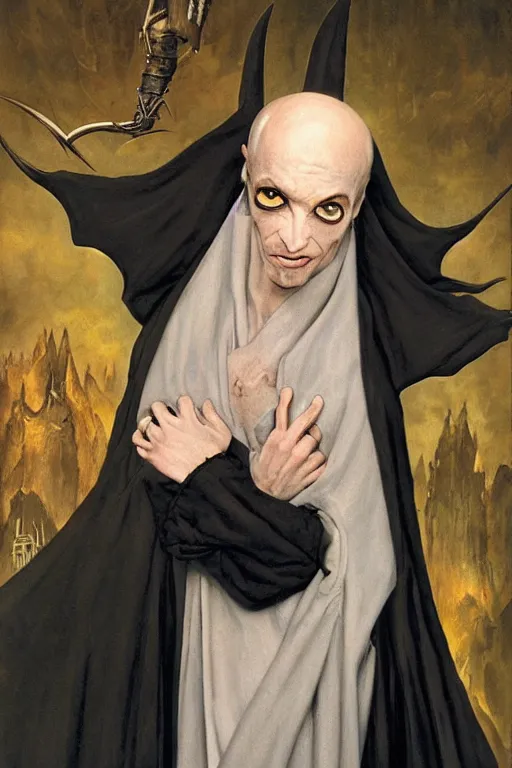 Image similar to a bald vampire wearing a long black robe with large bat ears huge black eyes and gray skin, character art, painting by james c christensen
