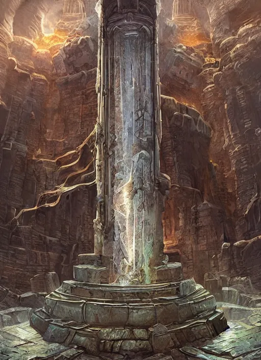 Image similar to a towering stone obelisk covered with strange ancient mechanisms, in an ancient vault, stone pillars, fantasy digital painting, stunning intricate details, torch lighting, artwork by ross tran, artgerm