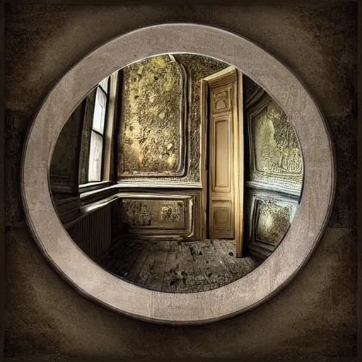 Image similar to castle interior with a magical mirror floating around, digital art