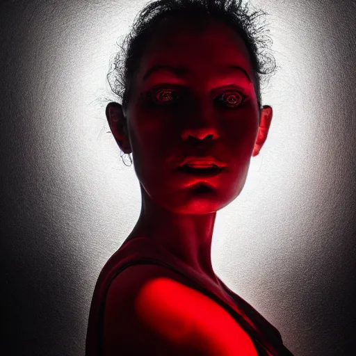 Image similar to stunning beautiful portrait photography of a face detailing demonic Countess wearing red and black dress from national geographic magazine award winning, dramatic lighting, taken with Sony alpha 9, sigma art lens, medium-shot