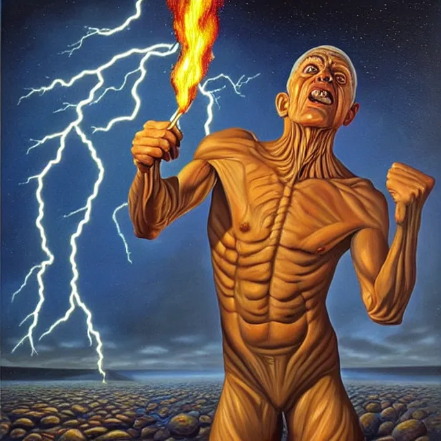 Image similar to an oil on canvas portrait of his body was like beryl, his face like the appearance of lightning, his eyes like flaming torches, his arms and legs like the gleam of burnished bronze, surrealism, surrealist, lovecraftian, cosmic horror, rob gonsalves, high detail