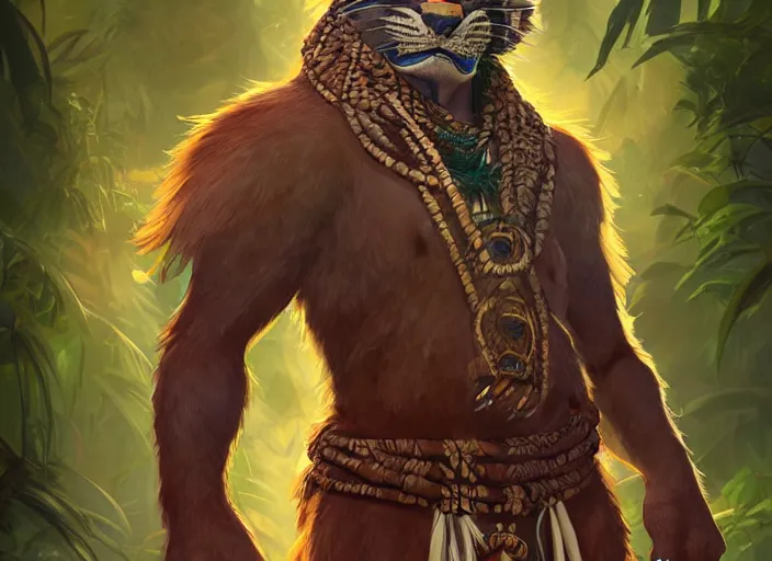 Image similar to character portrait feature of the anthro male anthropomorphic jaguar fursona animal person wearing shaman tribal outfit robes belt standing in the amazon rainforest, character design stylized by charlie bowater, ross tran, artgerm, makoto shinkai, detailed, soft lighting, rendered in octane