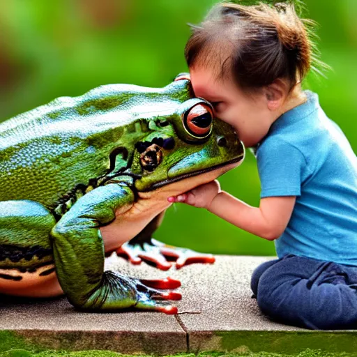 Image similar to Human sized frog licking tiny dog
