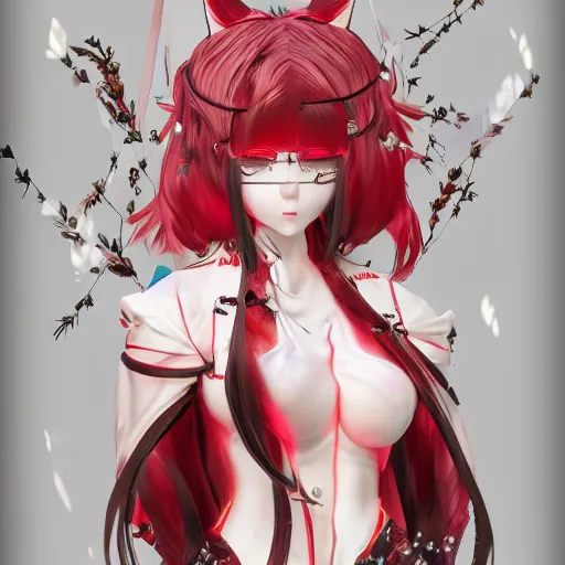 Prompt: kitsune woman nekomimi fancy haircut, full body, intrincate, red and white, gliter, depth of field, 8k, hyper detailed, trending on artstation