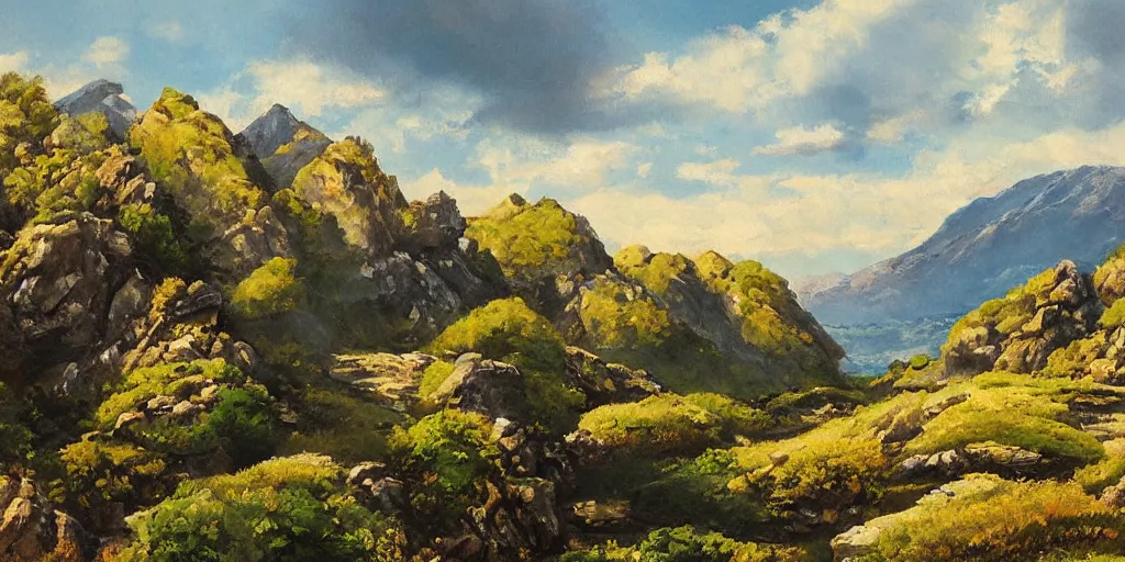 Prompt: grand landscape of rocky hills, art by kotaro chiba