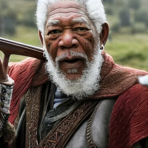 Prompt: morgan freeman playing odin all father from the thor movie, sir ian mckellen shooting arrows from his bow, highly detailed, cinematic shot, cinematic lighting, 8 k, exquisit facial detail