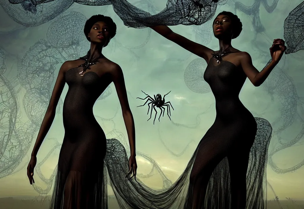 Image similar to realistic detailed portrait movie shot of a beautiful black woman in a transparent sheer fabric dress dancing with a giant spider, futuristic sci fi landscape background by denis villeneuve, monia merlo, yves tanguy, ernst haeckel, alphonse mucha, max ernst, caravaggio, roger dean, sci fi necklace, masterpiece, dreamy, rich moody colours