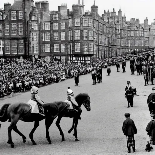 Prompt: queen elizabeth ii, riding a horse, at edinburgh