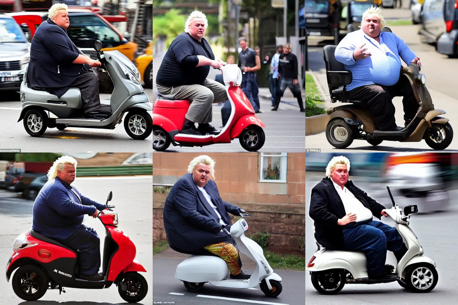 Prompt: morbidly obese geert wilders sitting in a mobility scooter eating a whole chicken