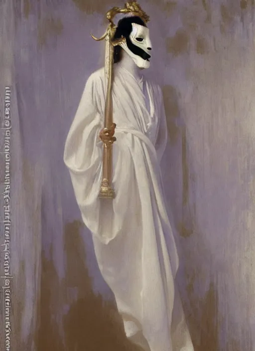 Image similar to an oil painting of a tall person in flowing white robes wearing a white venetian carnival mask standing in a gloomy dark room with hazy sunlight streaming through the window, in the style of john singer sargent, greg rutkowski, maxfield parrish and alphonse mucha