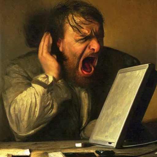 Image similar to an angry man yells at his computer monitor, oil on canvas, 1 8 8 3, highly detailed