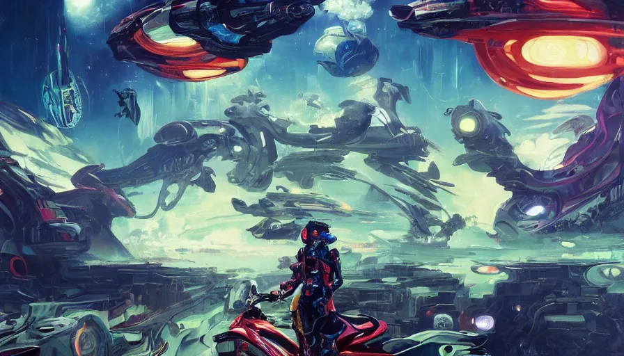 Prompt: space emperor in a motorcycle silhouette overlooking a multiversal otherworldly realm with flying mecha whale with chic streets and shops and lush volcanic garden and intricate luxurious scifi homes, allegorical style, by peter mohrbacher, jeremy mann, francoise nielly, van gogh, ross tran, beautiful, award winning scenery