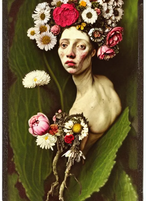 Image similar to beautiful and detailed rotten woman made of plants and many types of stylized flowers like carnation, daisy, chrysanthemum, anemone, roses and tulips, intricate, surreal, john constable, gustave courbet, caravaggio, romero ressendi, bruno walpoth 1 9 1 0 polaroid photo