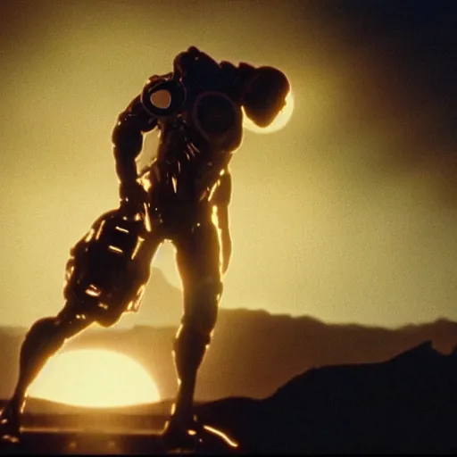 Prompt: movie still of cyborg made of the sun, cinematic composition, cinematic light, criterion collection, by david lynch