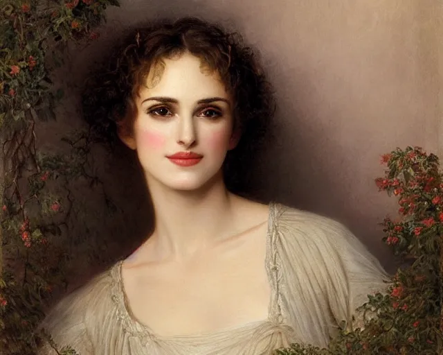 Prompt: portrait en buste of winona ryder kiera knightley in repose by Hughes Merle, by Pierre Auguste Cot, perfect detailed eyes, realistic fabric, abundant detail, winona ryder
